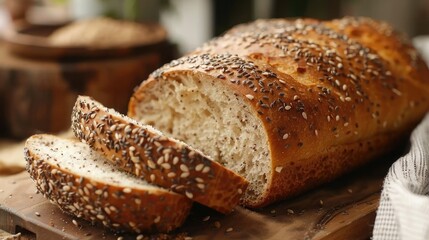 Multi grain sourdough bread with flax seeds cut on a wooden board, closeup view. Healthy vegan bread choice - obrazy, fototapety, plakaty