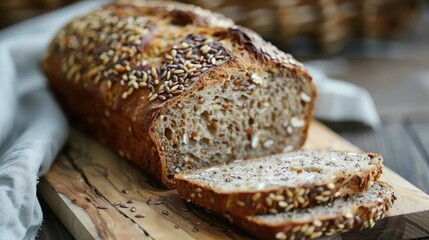 Multi grain sourdough bread with flax seeds cut on a wooden board, closeup view. Healthy vegan bread choice