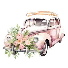 Watercolor Vintage Bride Car Clipart  Isolated on White