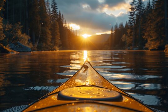 An enchanting image of a kayak in a tranquil lake, with a dramatic golden sunset reflected on the calm water surface