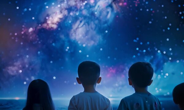 Children looking at the starry sky in a planetarium. The concept of education and wonder.