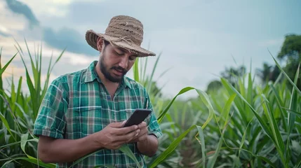 Deurstickers Plant agronomists use the main mobile internet network to validate, test, and select new cultivation methods. Young farmers and sugarcane farming © buraratn