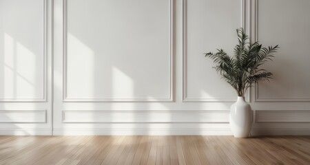 Obraz premium Elegant simplicity - A plant in a white vase on a wooden floor