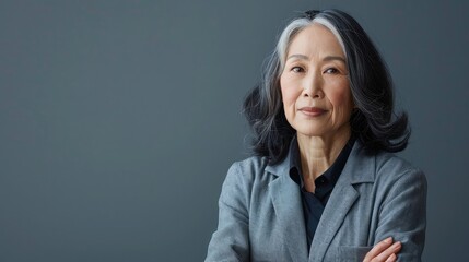 Stylish confident adult 50 years old Asian female psychologist standing arms crossed looking at camera at gray background. - Powered by Adobe