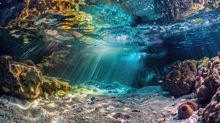 Spring water. Underwater freshwater. Mysterious freshwater river.