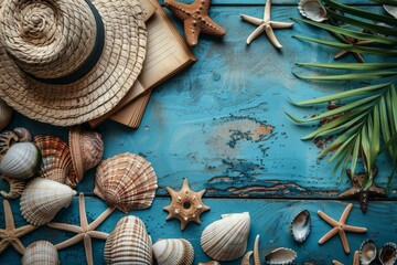 A beautiful assortment of seashells on a textured blue background evoking a beach holiday vibe