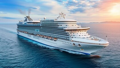 Naklejka premium A grand cruise ship sailing on calm ocean waters under a breathtaking sunset sky