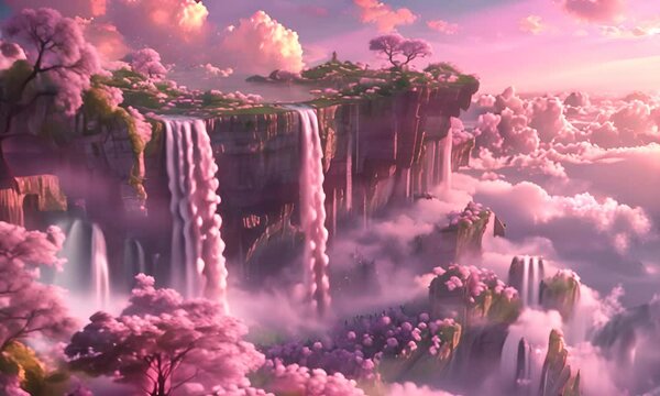 Hanging garden with waterfalls and clouds. The concept of utopia and natural beauty.