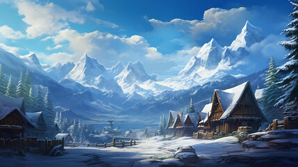 An ancient fantastic village overlooking the mountains. Winter time. Generative AI
