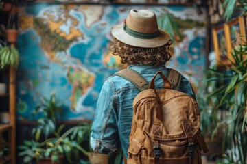 A curly-haired traveler wearing a hat and backpack gazes at a wall-sized world map, dreaming of destinations