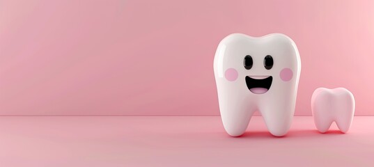 Adorable 3d cartoon tooth character isolated on pastel color background with space for text