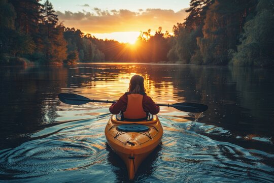 A paddler is immersed in nature, kayaking through a scenic river landscape bathed in the golden hues of sunset