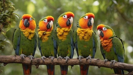 A group of Brazilian parrots sitting on a tree branch - Powered by Adobe
