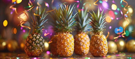 Three vibrant pineapples are placed on a table, surrounded by colorful confetti. The scene is festive and lively, with the pineapples ready to add a tropical flair to any party or event.