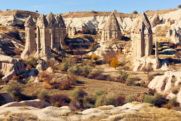 Valley "Gorkundere" in Cappadocia. Beautiful Fairy Chimneys - picturesque extraordinary naturally formed, towering rock formations with the unique shapes. Goreme, Central Anatolia, Nevsehir, Turkey