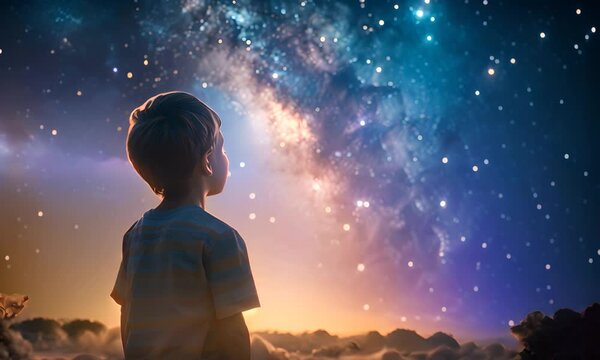Boy looking at the starry sky. The concept of childlike wonder and cosmos.