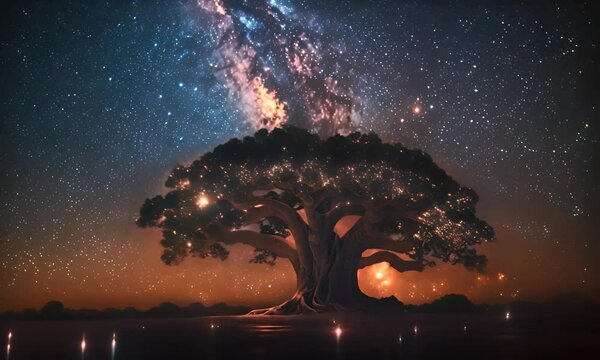 Majestic tree under a starry sky. The concept of the unity of nature and cosmos.