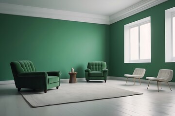 Modern Green living room interior with two green armchairs and coffee table.