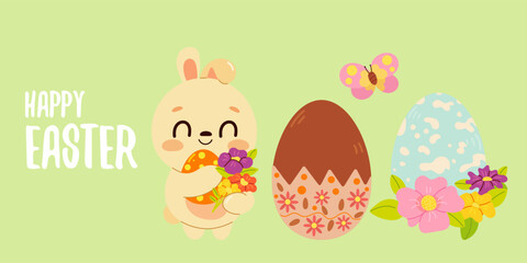 Cute Easter card set. Spring collection of animals, colorful Easter eggs and decorations. For poster, card, scrapbooking , stickers