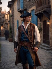 Fototapeta premium Man in Pirate Costume Walking Down Street. Generative AI.