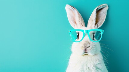 Adorable rabbit wearing glasses posed in studio setting with ample copy space for text placement