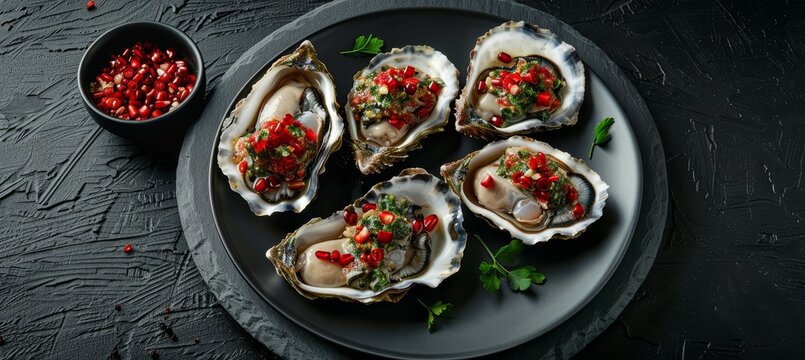 Beautifully presented dish with oysters in high resolution hyperrealistic top down view.