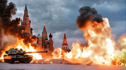 Ukrainian tank on the red square, kremlin on fire, flames - obrazy, fototapety, plakaty