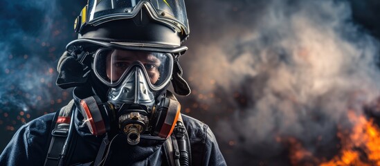 A firefighter in full uniform, wearing a gas mask, stands in front of a blazing fire. The firefighter is holding a fire hose, ready to combat the flames. The intense heat and smoke are visible.