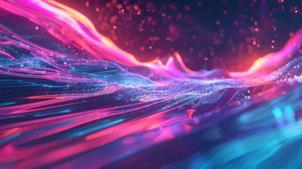 Gordijnen A stunning visual of an abstract landscape, composed of glowing particles forming undulating waves in a mesmerizing play of pink and blue lights. © sumroeng