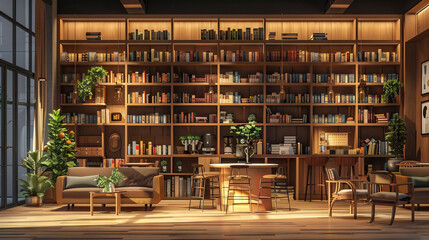 Contemporary Bookstore Set with Shelves of Books, Reading Nooks, and Coffee Bar. Concept of Literary Culture and Community