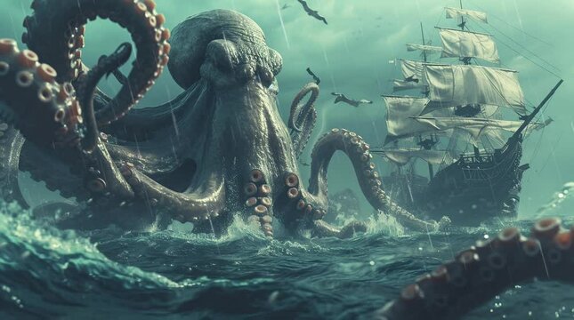 Giant octopus wrapping its tentacles around a pirate ship sailing through the ocean under the moonlit night sky Seamless looping 4k time-lapse virtual video animation background. Generated AI