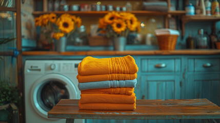 Laundry Day: Stack of Clothes Before the Washing Machine - obrazy, fototapety, plakaty