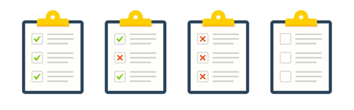 Clipboard with checklist set. Clipboard icon. Checklist icon. Survey form symbol. Vector