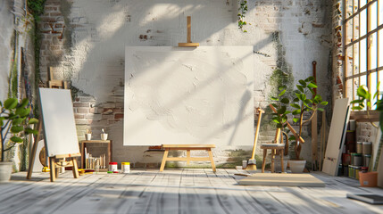 Modern Art Studio Set with Easels, Paints, and Canvases. Concept of Creative Expression and...
