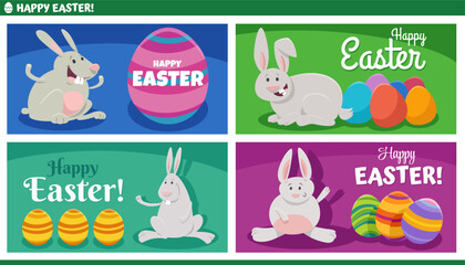 cartoon Easter bunny with painted eggs greeting card