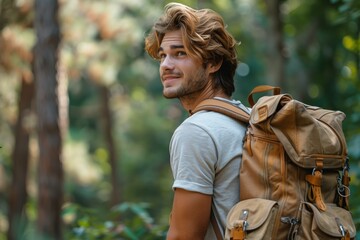 Obraz premium Portrait of happy smiling tourist man 30-35 years old with backpack hiking in national park. Yong man doing endurance hiking in the nature conditions. Rucking workout at the outdoor
