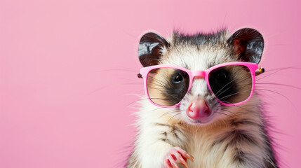 Fototapeta na wymiar A whimsical opossum dons a pair of vibrant pink sunglasses, striking a playful pose against a soft pink backdrop.