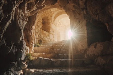 tomb or cave where Jesus Christ was resurrected and ascended to heaven - obrazy, fototapety, plakaty