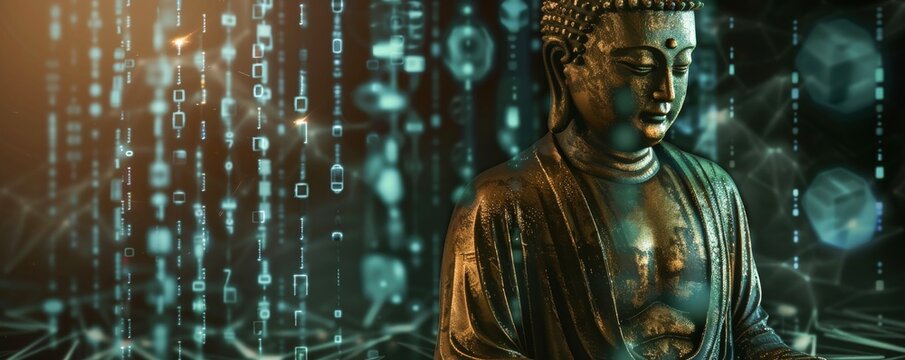 The essence of Zen and Buddha captured within the futuristic frame of a digital matrix a modern twist on Buddhist art