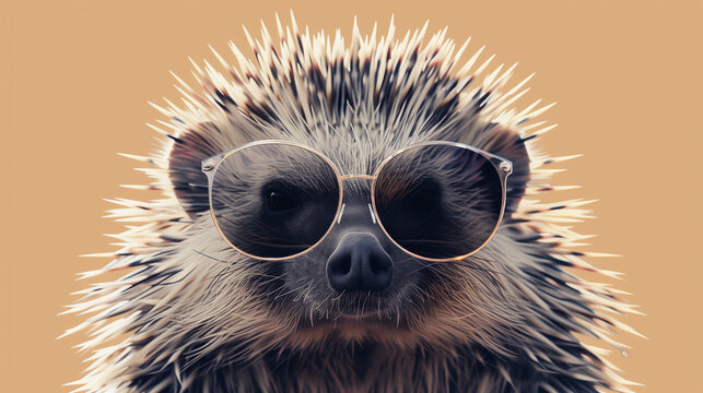 A suave porcupine exudes coolness with chic circular sunglasses against a warm taupe backdrop.