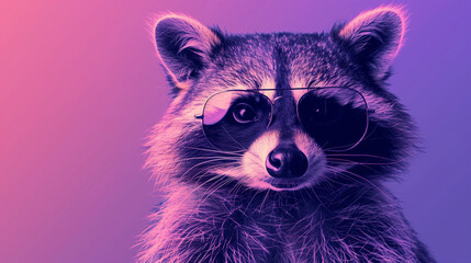 A raccoon with a cool demeanor poses in oversized sunglasses against a gradient lavender background, exuding urban wildlife chic.