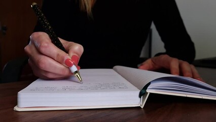Close-up of open notebook and woman’s hand with beautiful polished fingernails writing down thoughts and ideas with a pen. Creative woman taking notes. Concept of lifestyle, planning or journaling