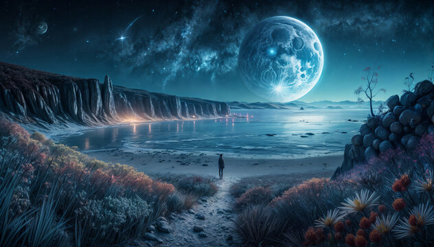 Fantasy landscape with man standing on the beach and looking at the moon