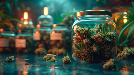 Cannabis buds in a jar for product template mockup - obrazy, fototapety, plakaty