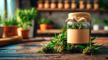 Cannabis buds in a jar for product template mockup