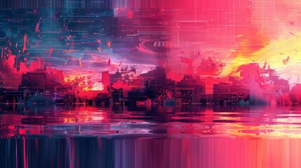 Digital abstract art depicting a neon pink cityscape, with vertical lines creating a vibrant and futuristic urban impression.