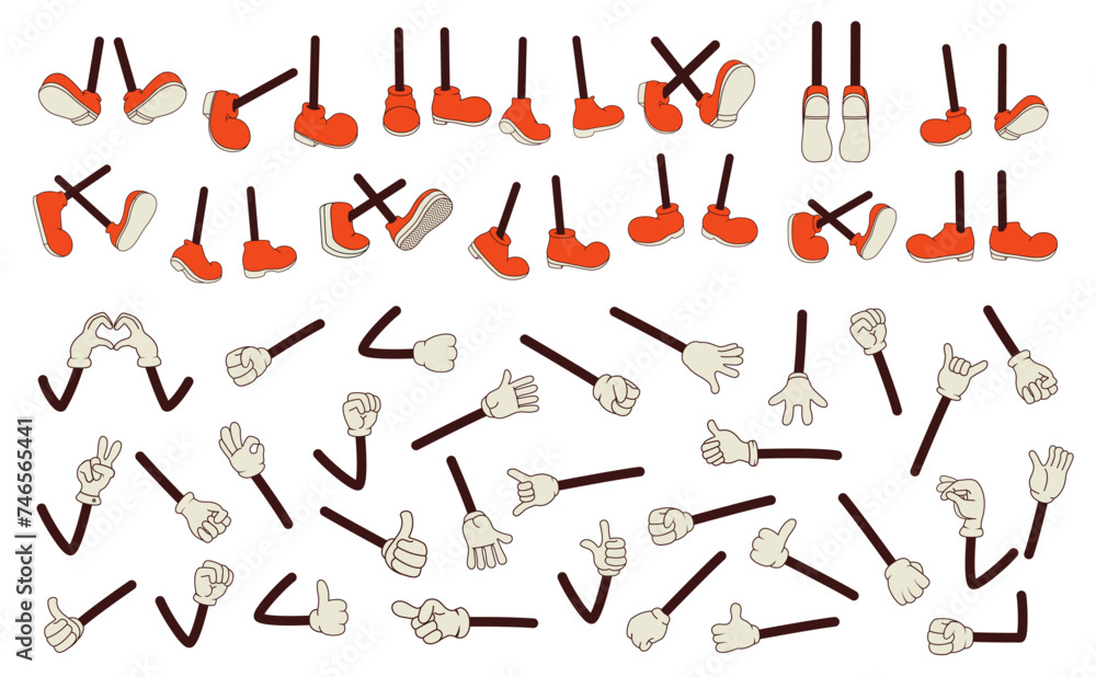 Poster constructor of leg and arms in different poses in groovy style. vector illustration. hippie and psyc