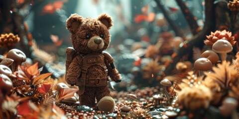 Tranquil embrace of the autumn forest, an antique teddy bear takes hesitant steps fallen leaves, its worn fur and tired eyes bearing witness to a lifetime of memories - obrazy, fototapety, plakaty