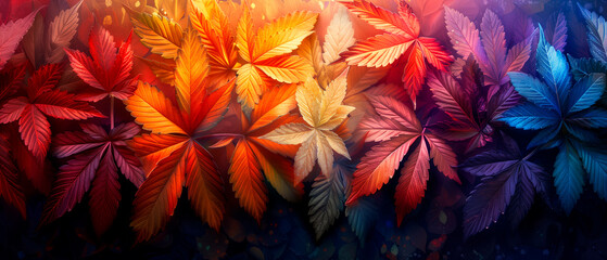 Colorful background with cannabis leaves and buds, weed, marijuana, legalize it