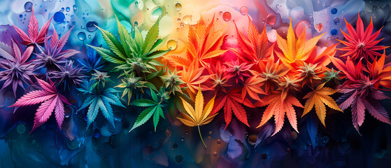 Colorful background with cannabis leaves and buds, weed, marijuana, legalize it - obrazy, fototapety, plakaty
